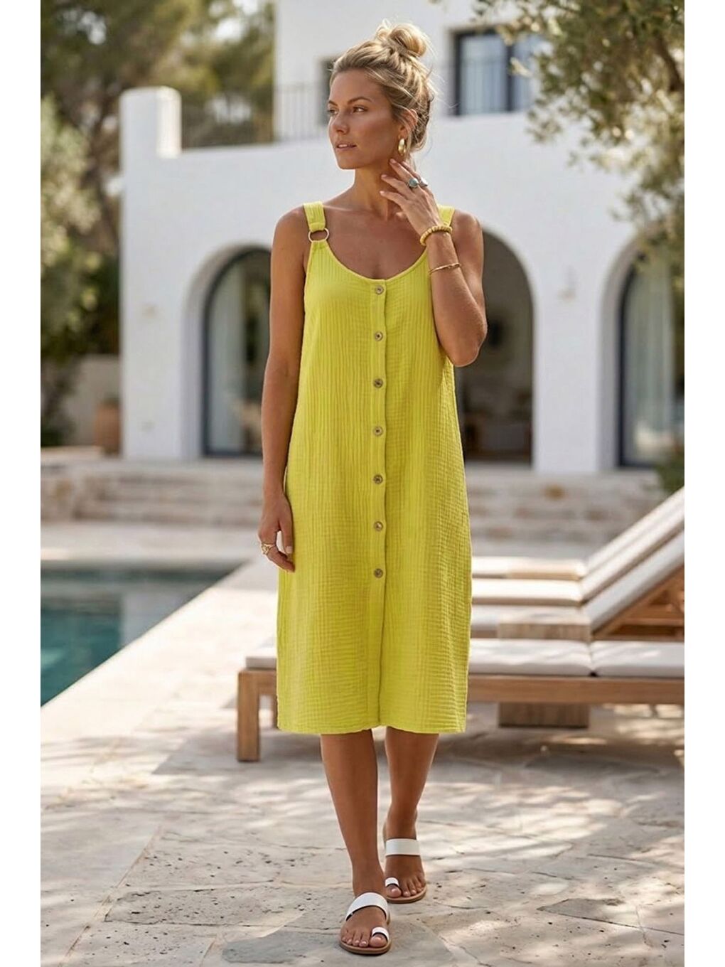 Sarı Askılı Düğmeli Cepsiz Metal Halkalı Casual Müslin Dokuma Elbise 102 55-3