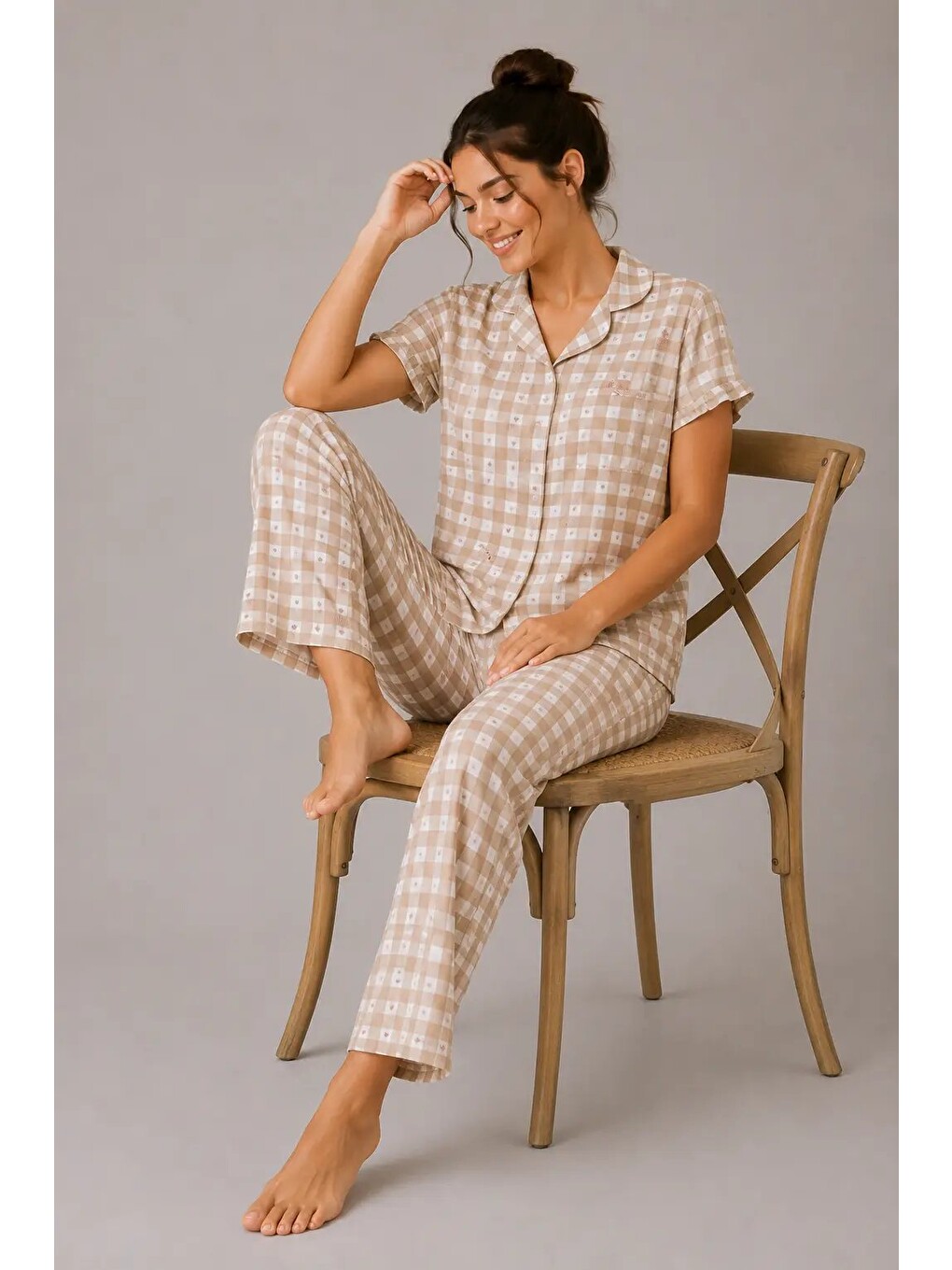 Kahverengi Desenli Kadın Pijama Takımı 9930-2
