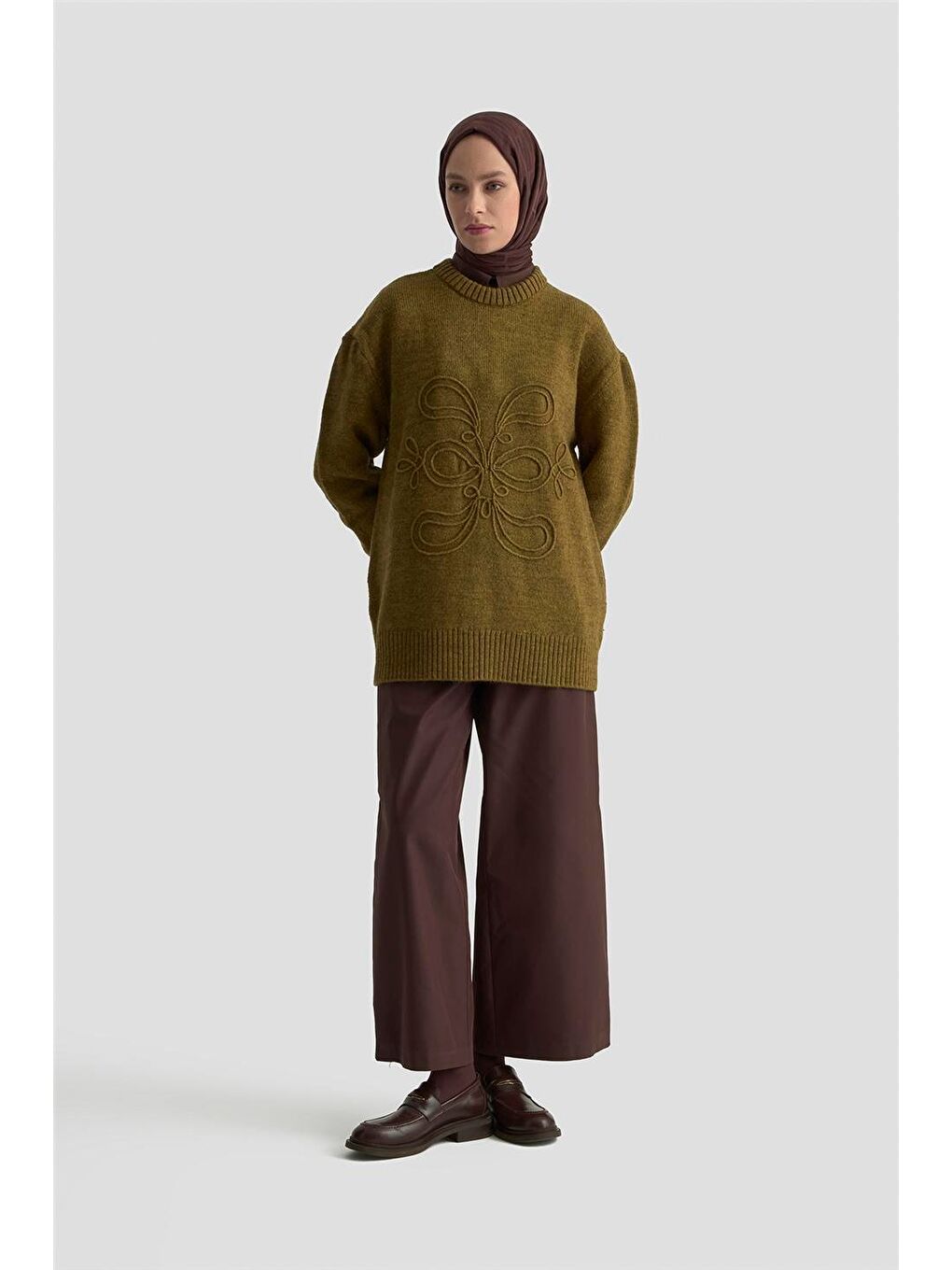 İşleme Detaylı Kazak 25Kd6003 Koyu Haki-1