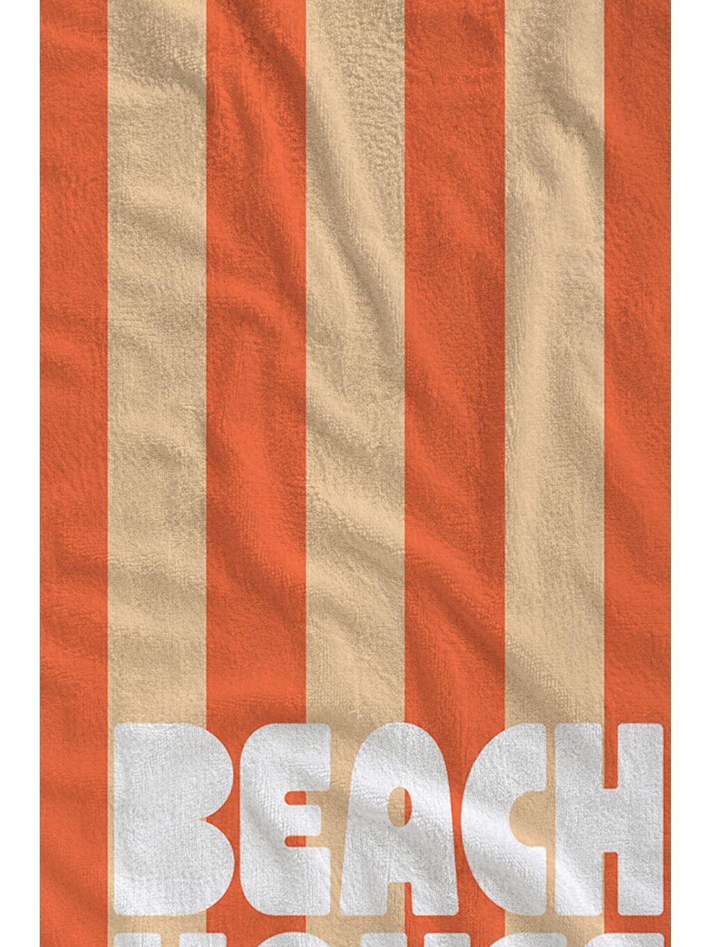 Retro Beach House Yazılı Turuncu Çizgili Desenli 70x150 Plaj Havlusu - Dijital Baskılı Banyo Havlusu-1