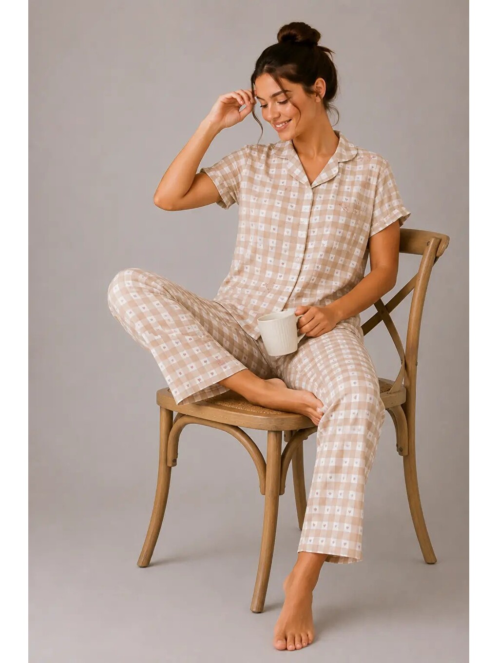 Kahverengi Desenli Kadın Pijama Takımı 9930-3
