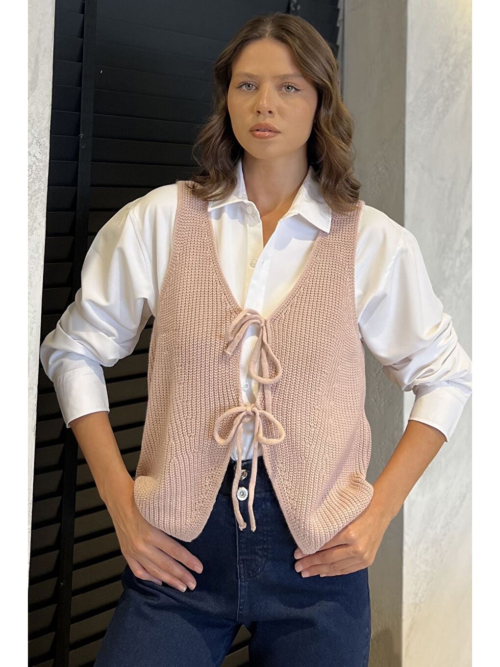 Pembe Kadın Ön Bağlamalı Triko Yelek (s-m-l-xl Uyumludur)