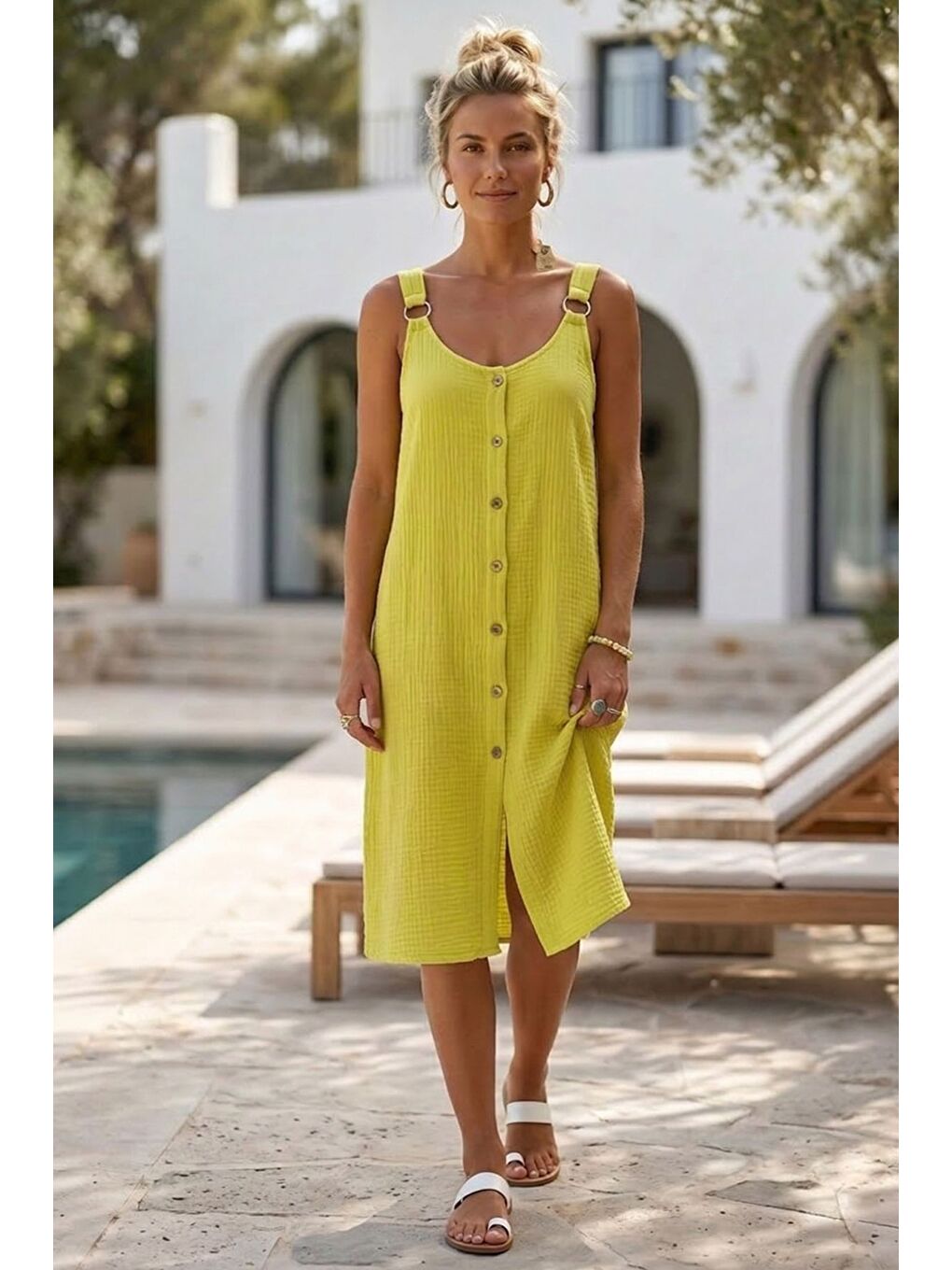 Sarı Askılı Düğmeli Cepsiz Metal Halkalı Casual Müslin Dokuma Elbise 102 55-4