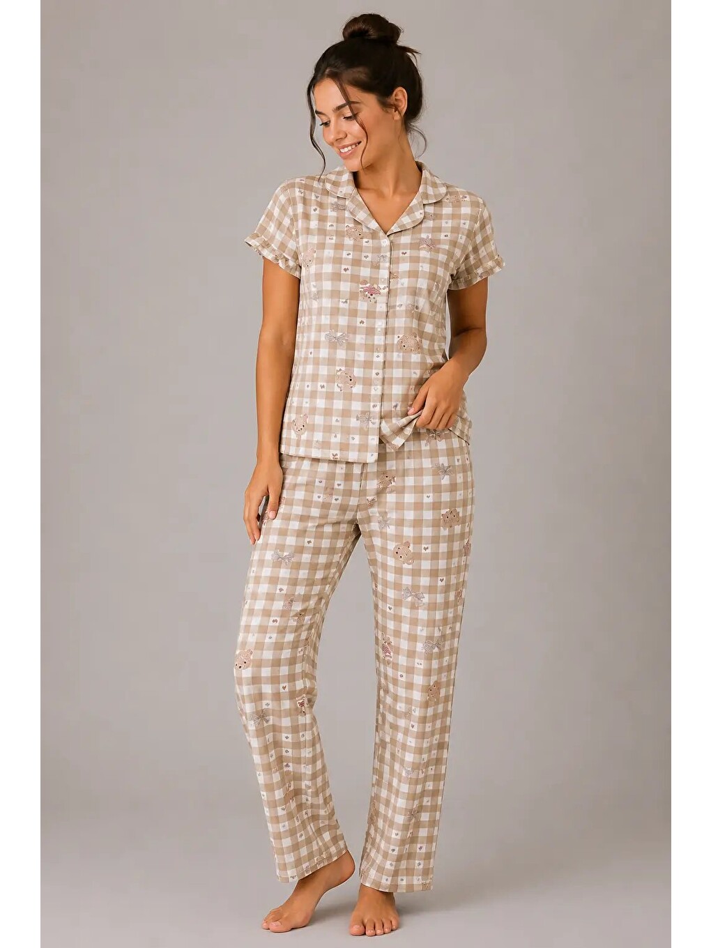 Kahverengi Desenli Kadın Pijama Takımı 9930-4