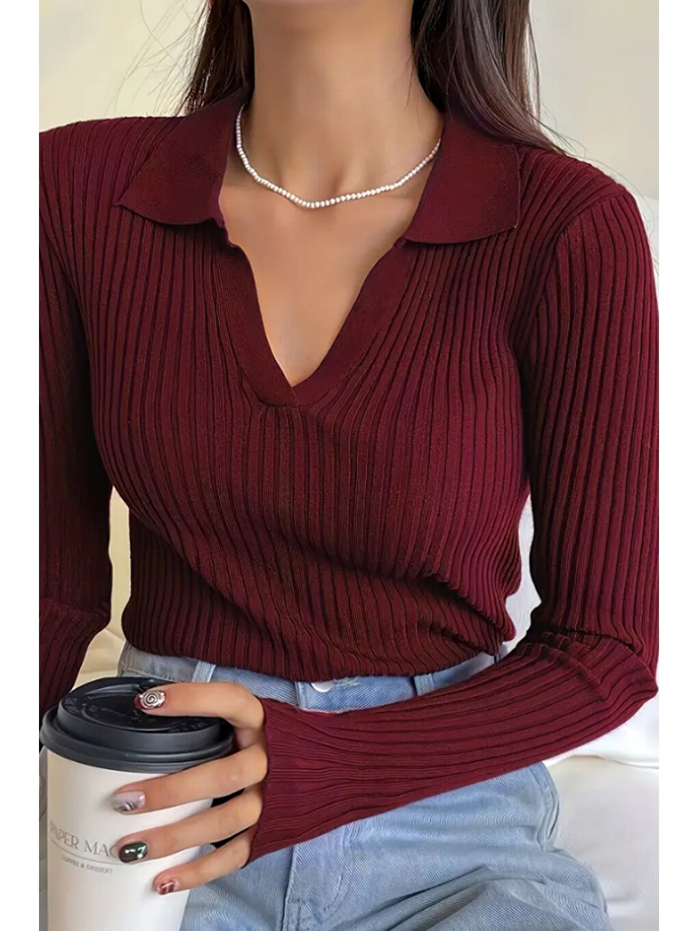 Bordo Kadın Fitilli Polo Yaka Triko Kazak-2