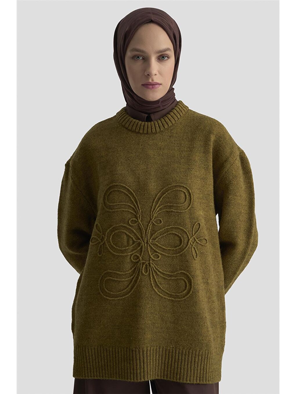 İşleme Detaylı Kazak 25Kd6003 Koyu Haki-2