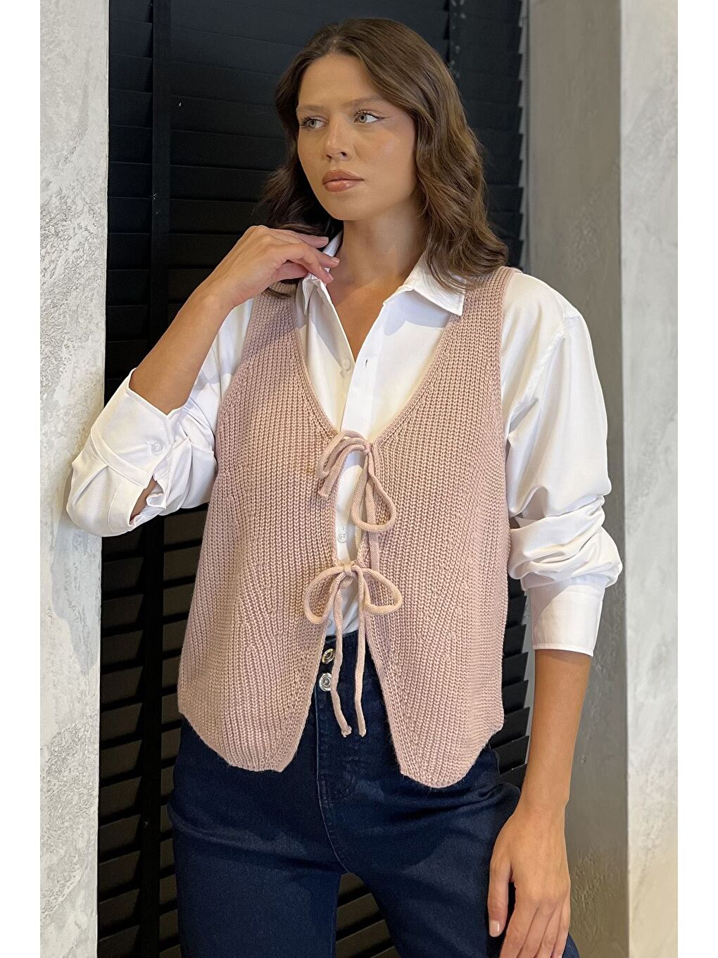 Pembe Kadın Ön Bağlamalı Triko Yelek (s-m-l-xl Uyumludur)-1