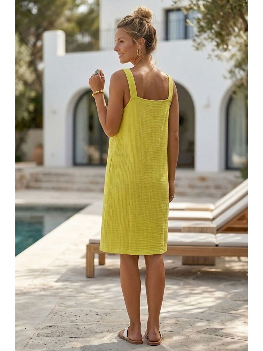 Sarı Askılı Düğmeli Cepsiz Metal Halkalı Casual Müslin Dokuma Elbise 102 55-5