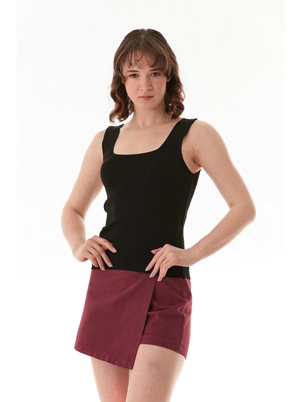 Siyah Basic Kare Yaka Triko Bluz-1