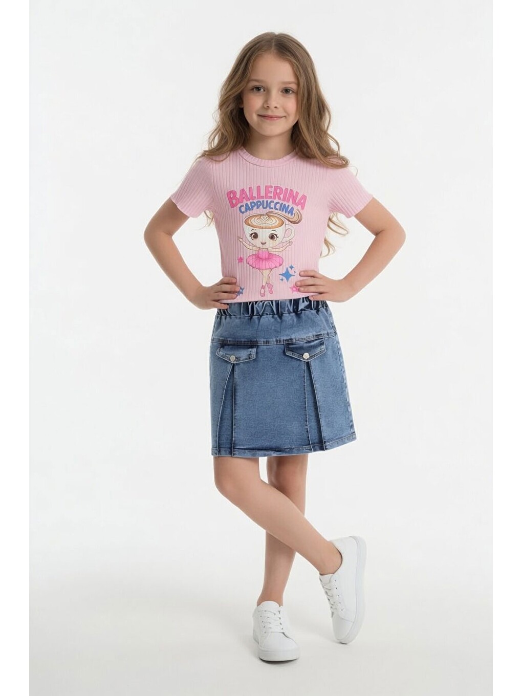 Pembe Pudra Balerin Desenli Badili Jean Etekli Kız Çocuk 2li Takım 24566-1