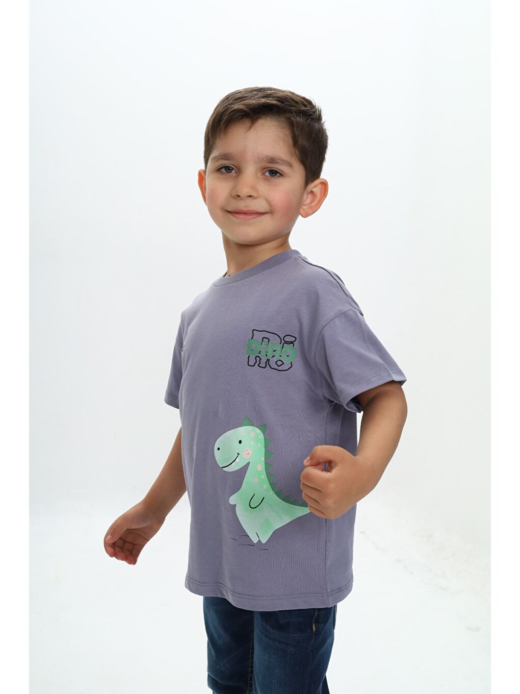 Gri Erkek Çocuk Dinozor Yazı Baskılı Tişört-1