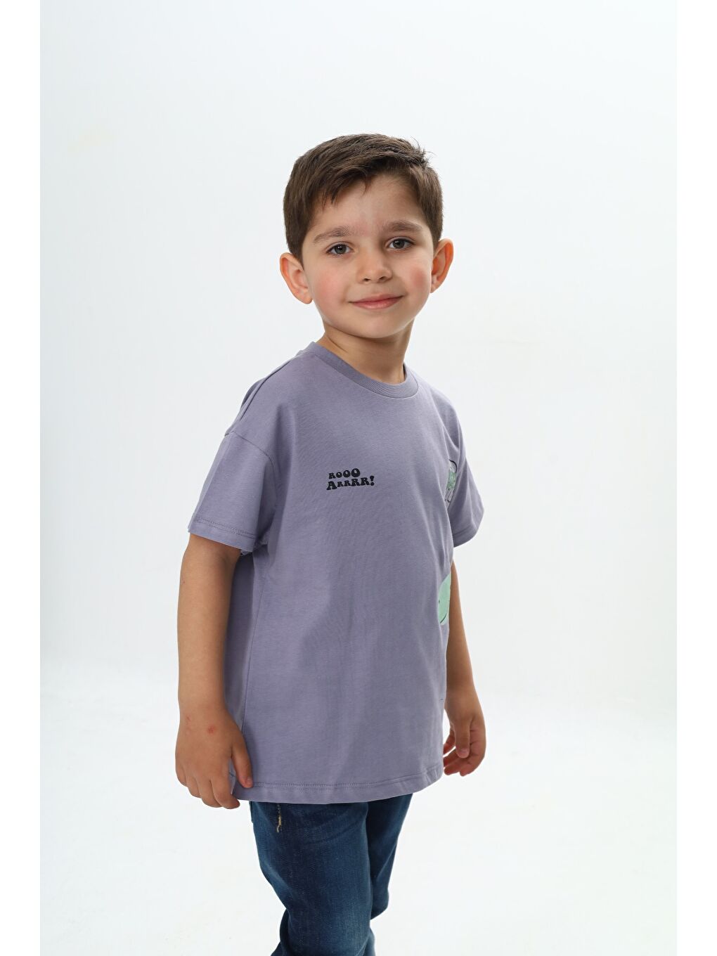 Gri Erkek Çocuk Dinozor Yazı Baskılı Tişört-2