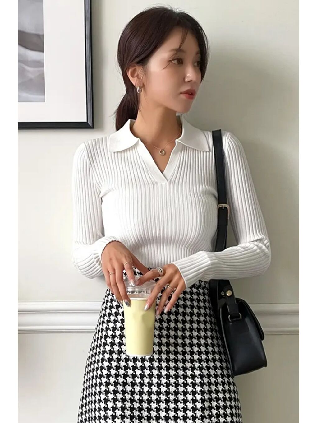 Beyaz Kadın Fitilli Polo Yaka Triko Kazak-2