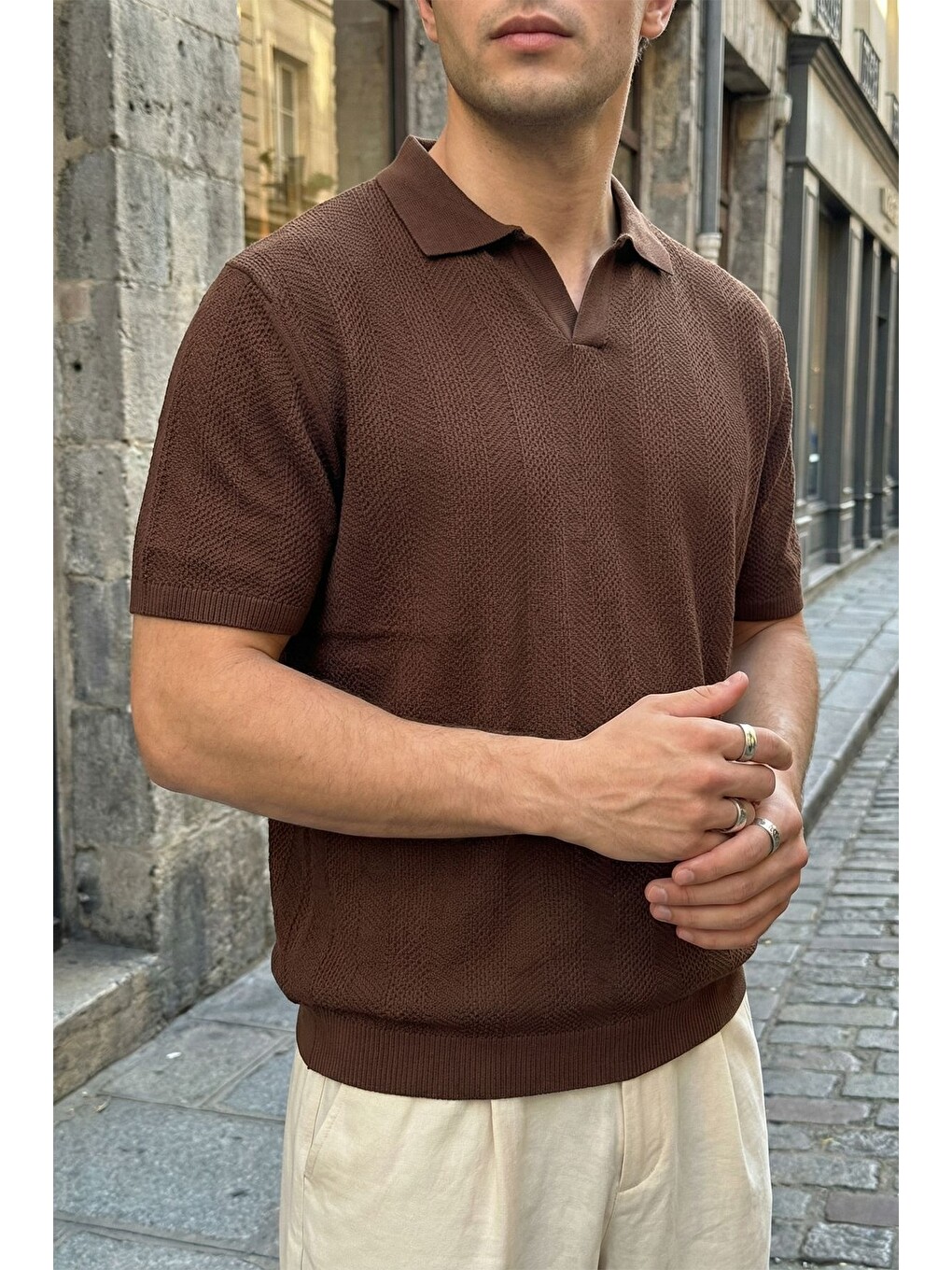 Kahverengi Chapa Regular Fit Polo Yaka Erkek Kısa Kol Dokulu Triko Tişört-5