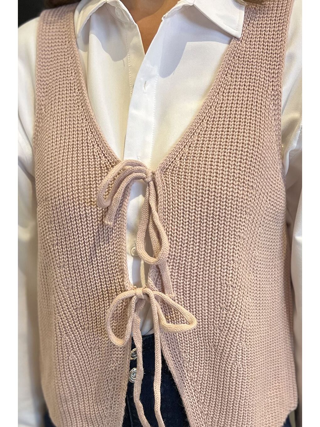 Pembe Kadın Ön Bağlamalı Triko Yelek (s-m-l-xl Uyumludur)-3