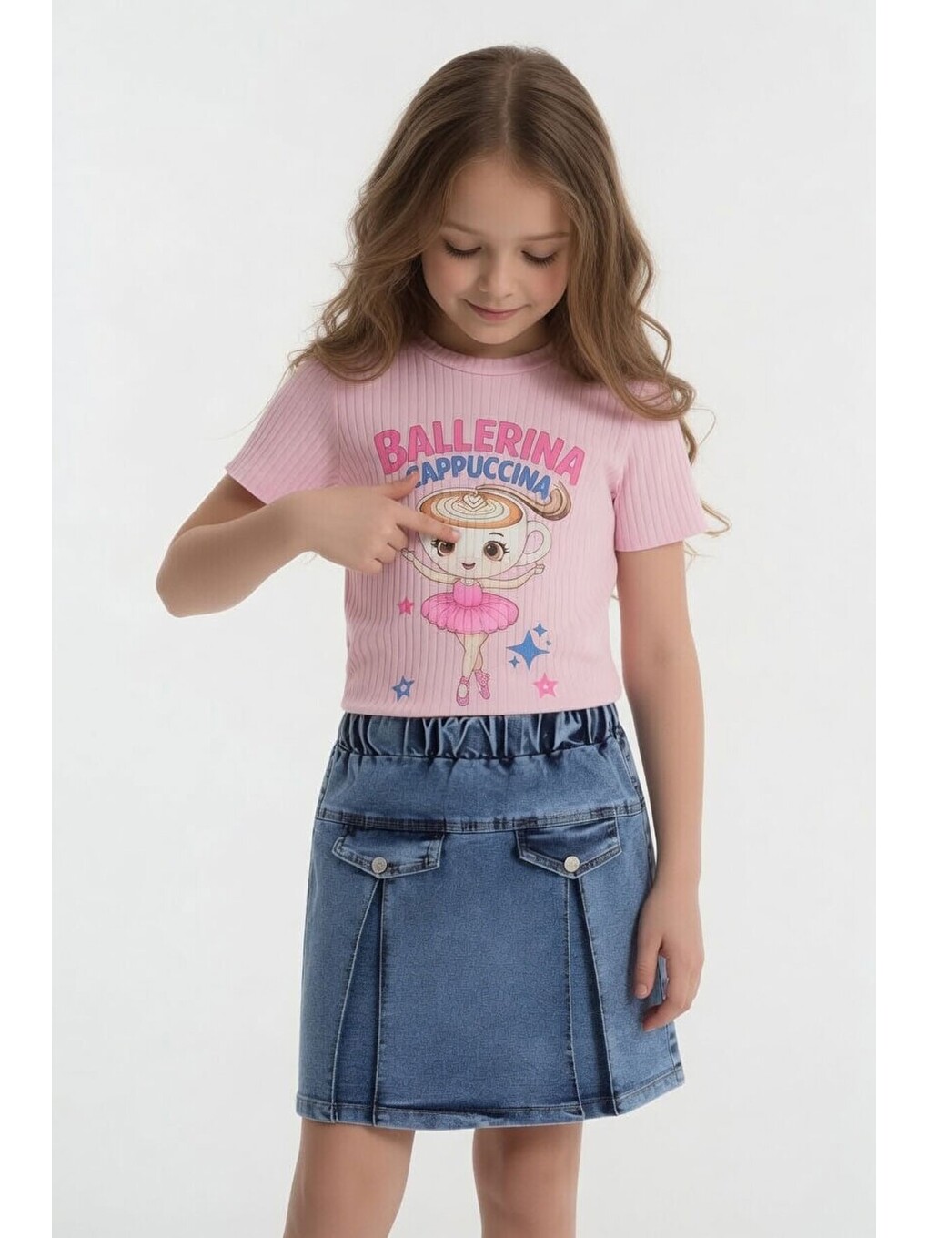 Pembe Pudra Balerin Desenli Badili Jean Etekli Kız Çocuk 2li Takım 24566-2