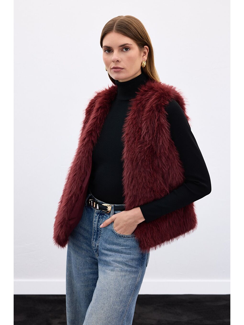 Kolsuz Uzun Yelek - Bordo-2