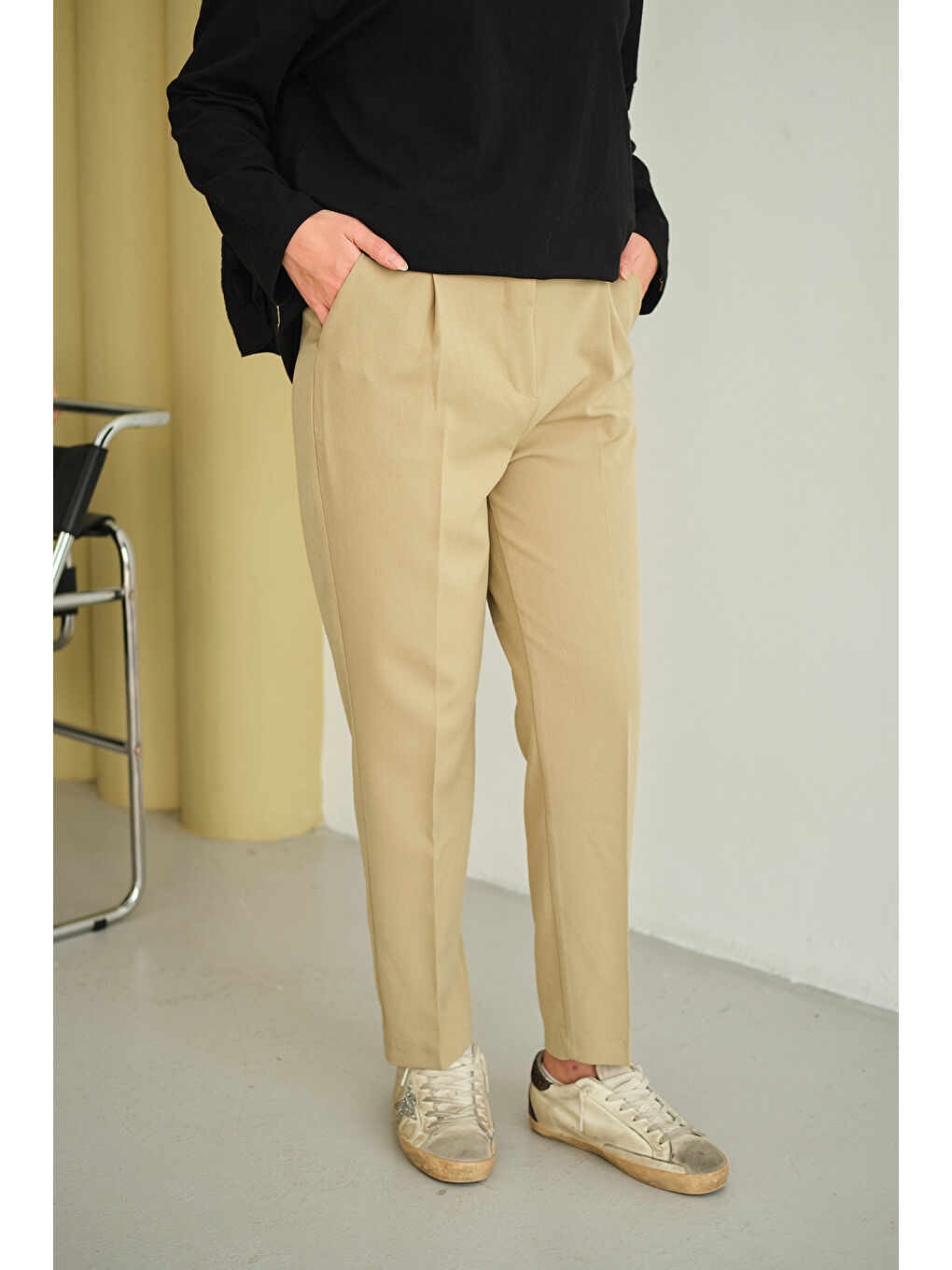 Kadın Pileli Düz Paça Pantolon Yeşil-3