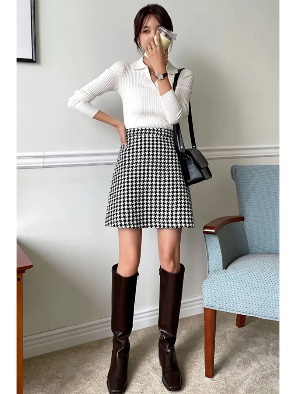 Beyaz Kadın Fitilli Polo Yaka Triko Kazak-4