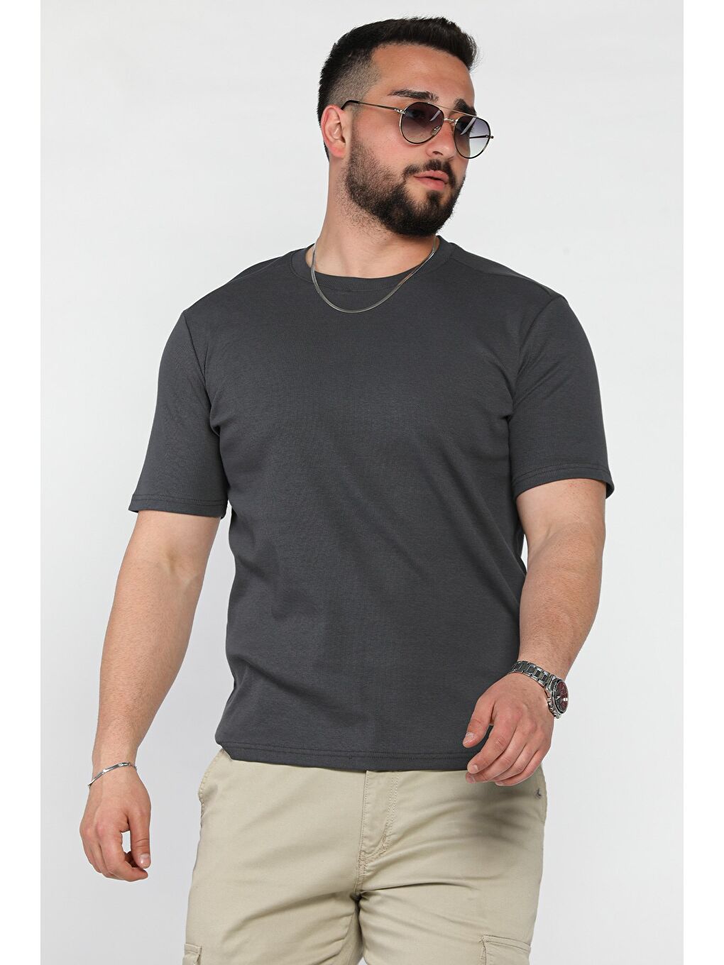 Gri Erkek Bisiklet Yaka Tişört-1