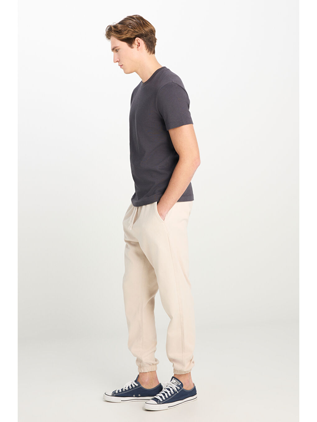 %100 Pamuk Relaxed Fit Geniş Ksim Bisiklet Yaka Antrasit Basic Tişört-2