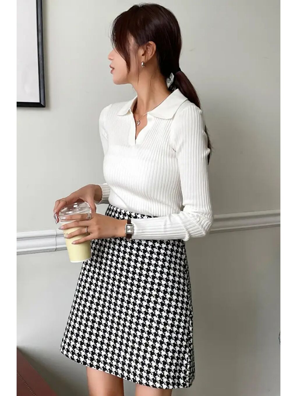 Beyaz Kadın Fitilli Polo Yaka Triko Kazak-5