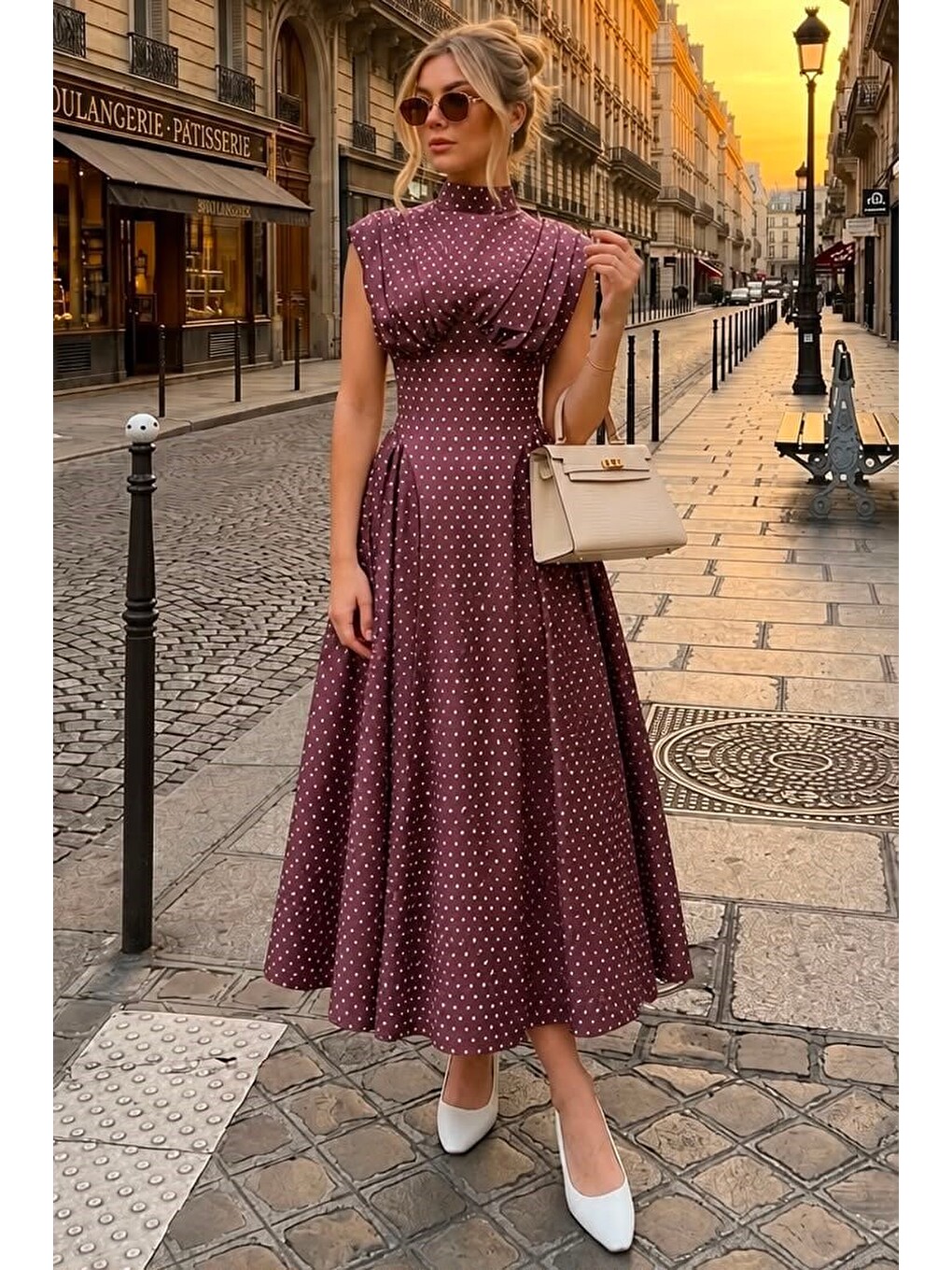Bordo Puantiyeli Belden Oturtmalı Midi Elbise Mg2873