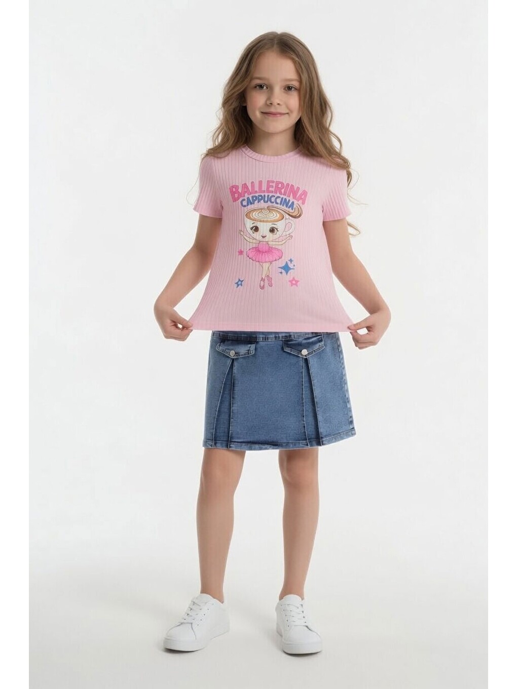 Pembe Pudra Balerin Desenli Badili Jean Etekli Kız Çocuk 2li Takım 24566-3
