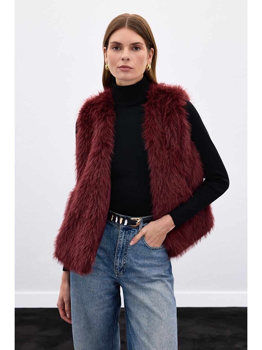 Kolsuz Uzun Yelek - Bordo-3