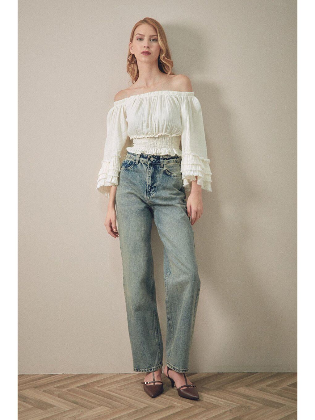 Fullamoda Mavi Eskitme Görünümlü Wide Leg Jean