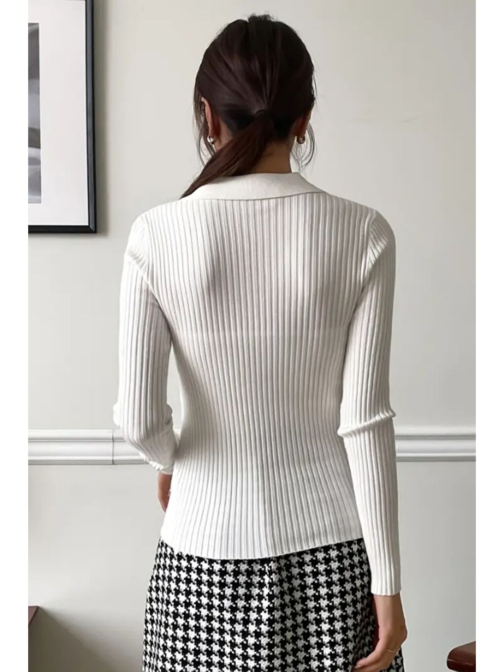 Beyaz Kadın Fitilli Polo Yaka Triko Kazak-6