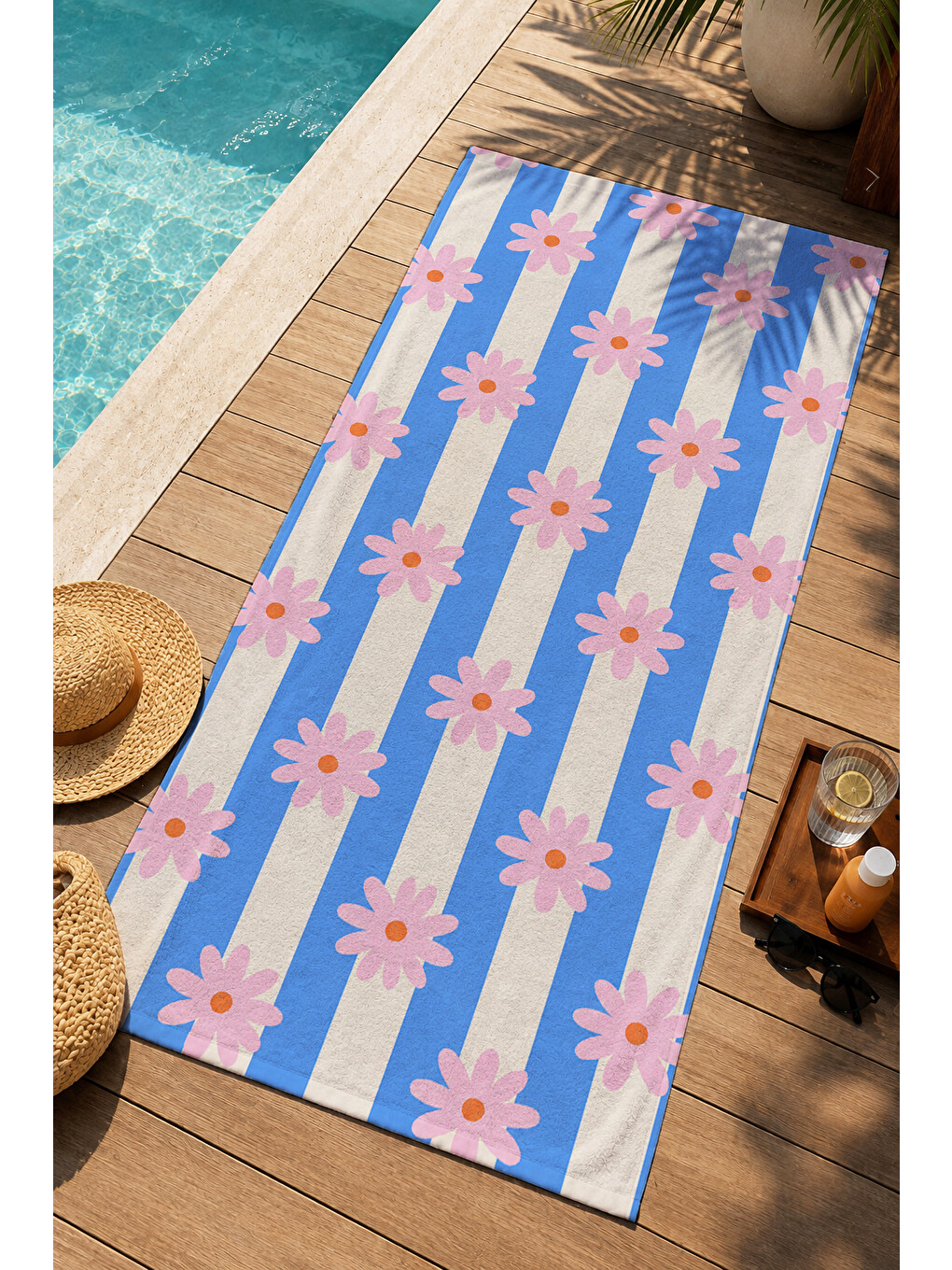Retro Mavi Pembe Çizgili Papatya Yazlık Desenli 70x150 Plaj Havlusu - Pamuklu Banyo Havlusu-3