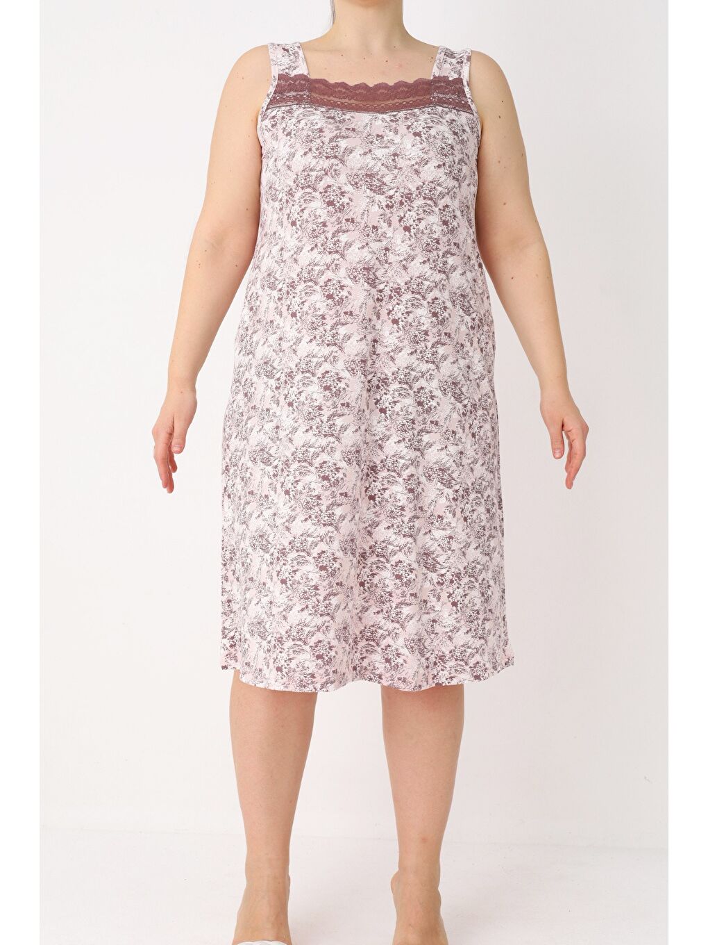 Beyaz Kadın Büyük Beden Desenli Askılı Dantelli Elastanlı Gecelik-2