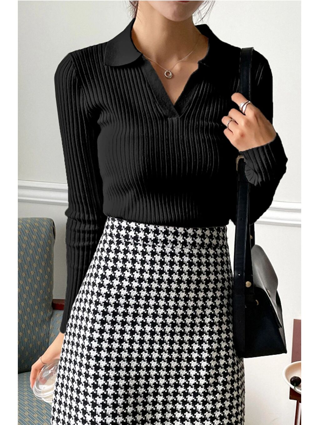 Siyah Kadın Fitilli Polo Yaka Triko Kazak-1