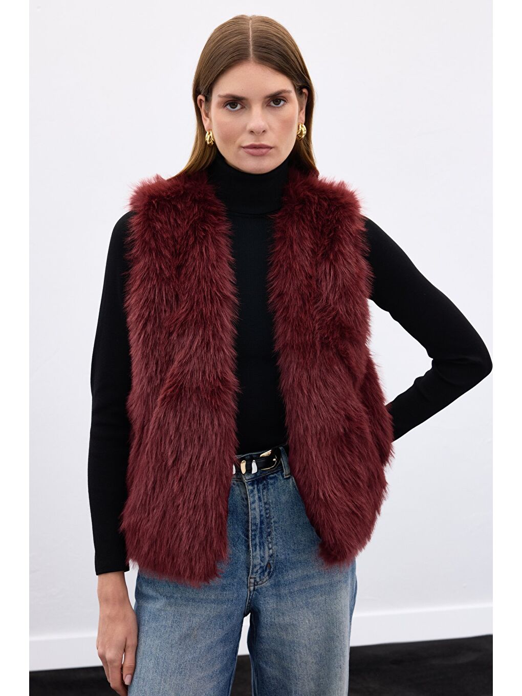 Kolsuz Uzun Yelek - Bordo-4