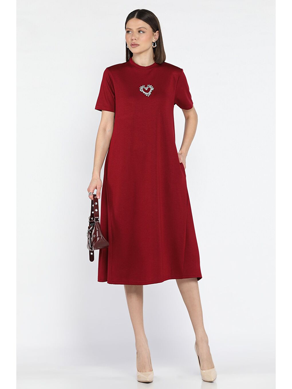 Bordo Bisiklet Yaka Taş Detaylı Cepli Kadın Kısa Kol Elbise