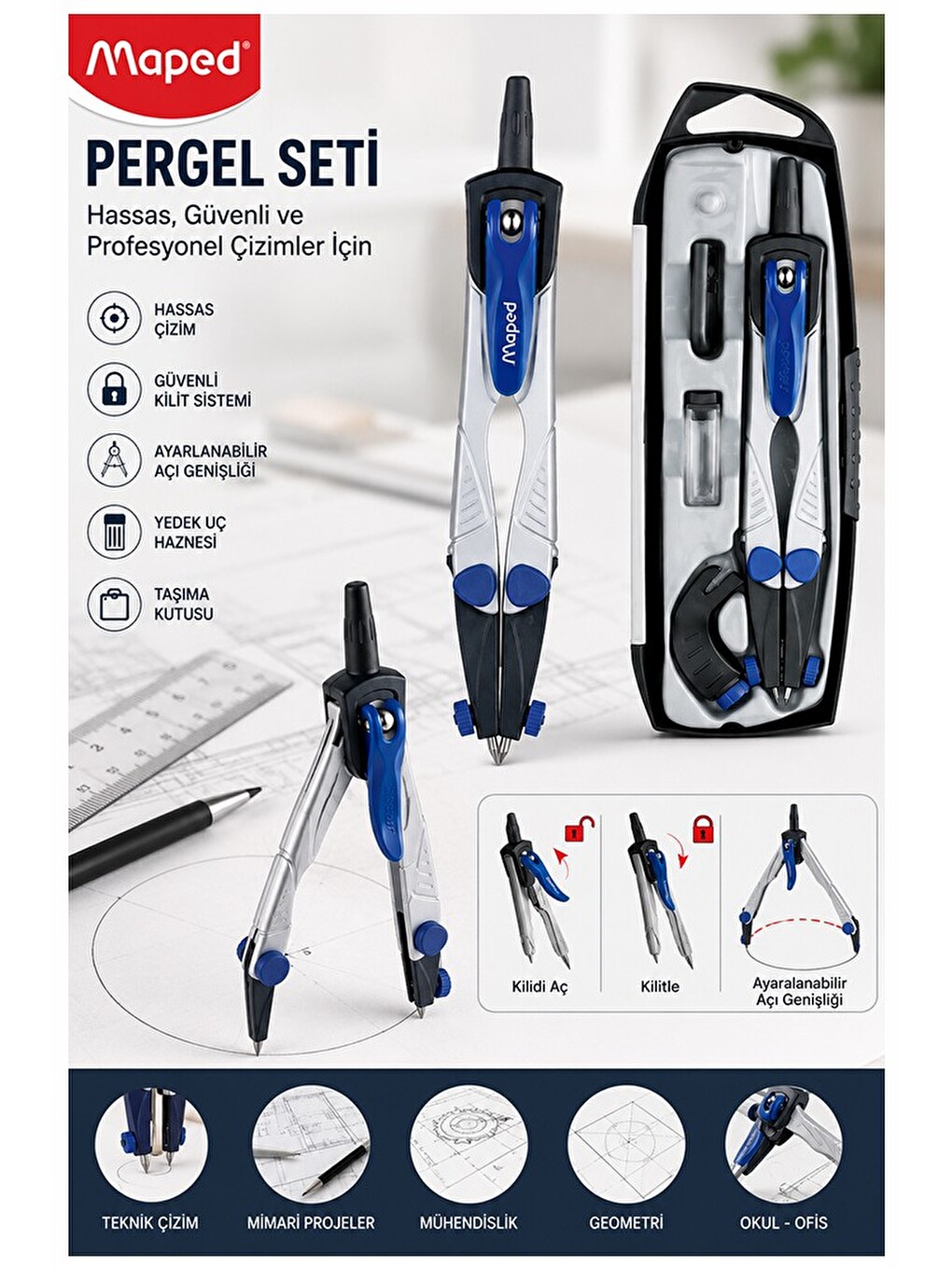 Metal Pergel Seti 1 Adet 538700 Technic Compact Profesyonel Pergel Çizim Proje Matematik Geome