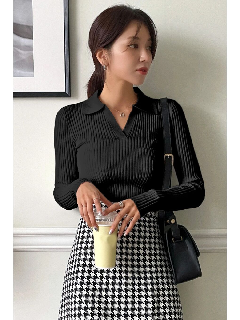 Siyah Kadın Fitilli Polo Yaka Triko Kazak-3