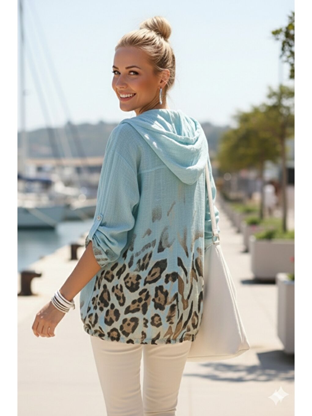 İtalyan Turkuaz Düğmeli Uzun Kollu Cepli Kapüşonlu Fermuarlı Baskılı Regular Boy Dokuma Ceket 68 65-6