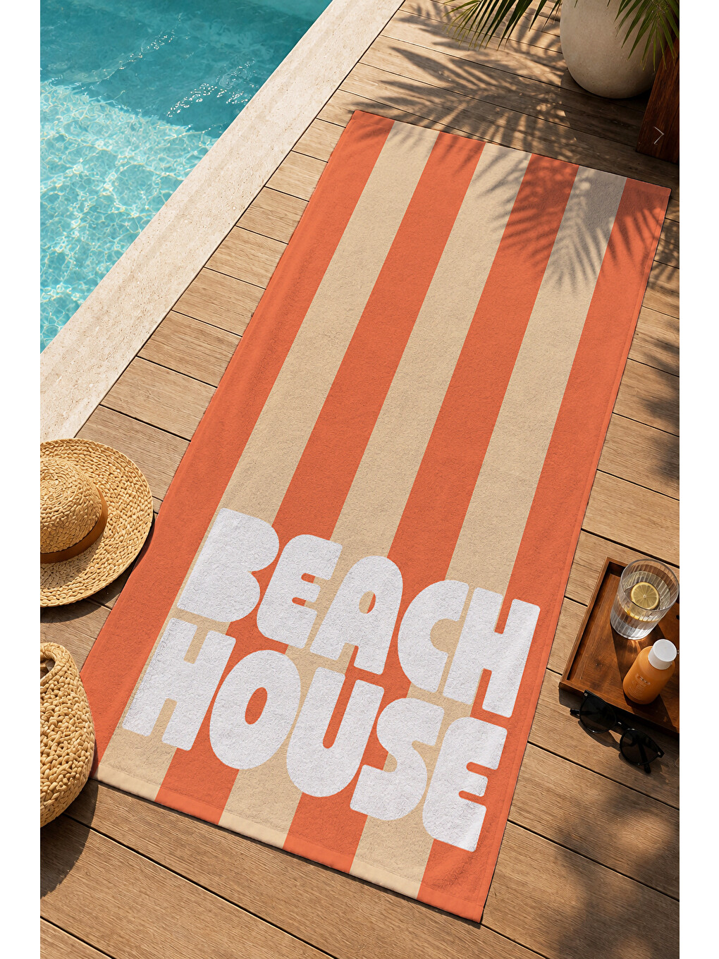 Retro Beach House Yazılı Turuncu Çizgili Desenli 70x150 Plaj Havlusu - Dijital Baskılı Banyo Havlusu-2