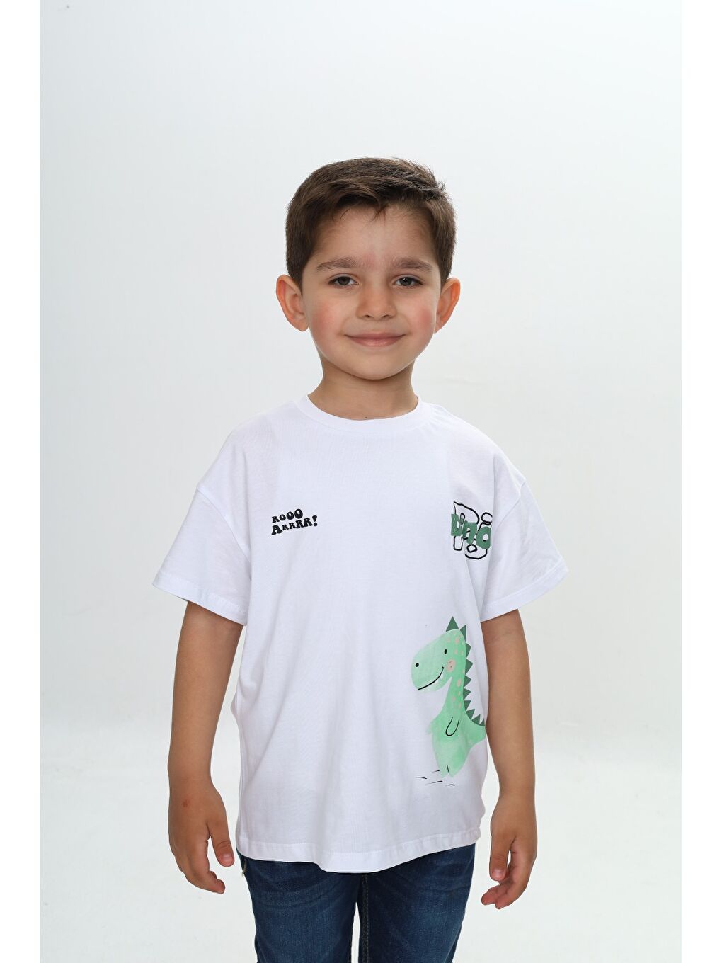 Beyaz Erkek Çocuk Dinozor Yazı Baskılı Tişört