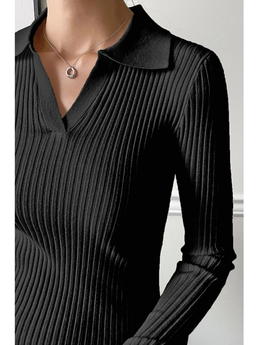 Siyah Kadın Fitilli Polo Yaka Triko Kazak-4