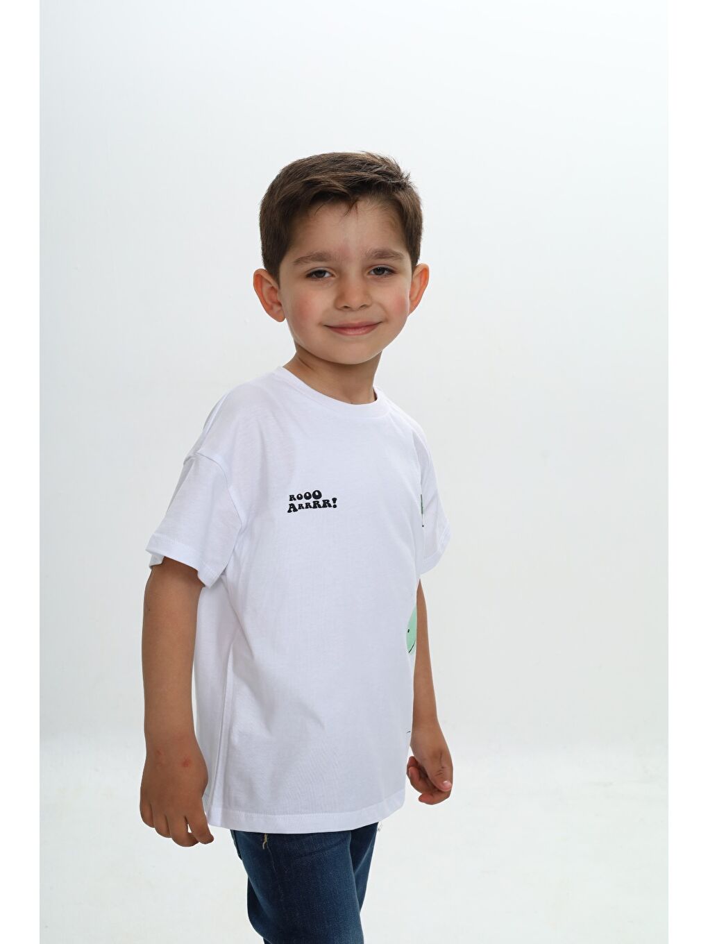 Beyaz Erkek Çocuk Dinozor Yazı Baskılı Tişört-1