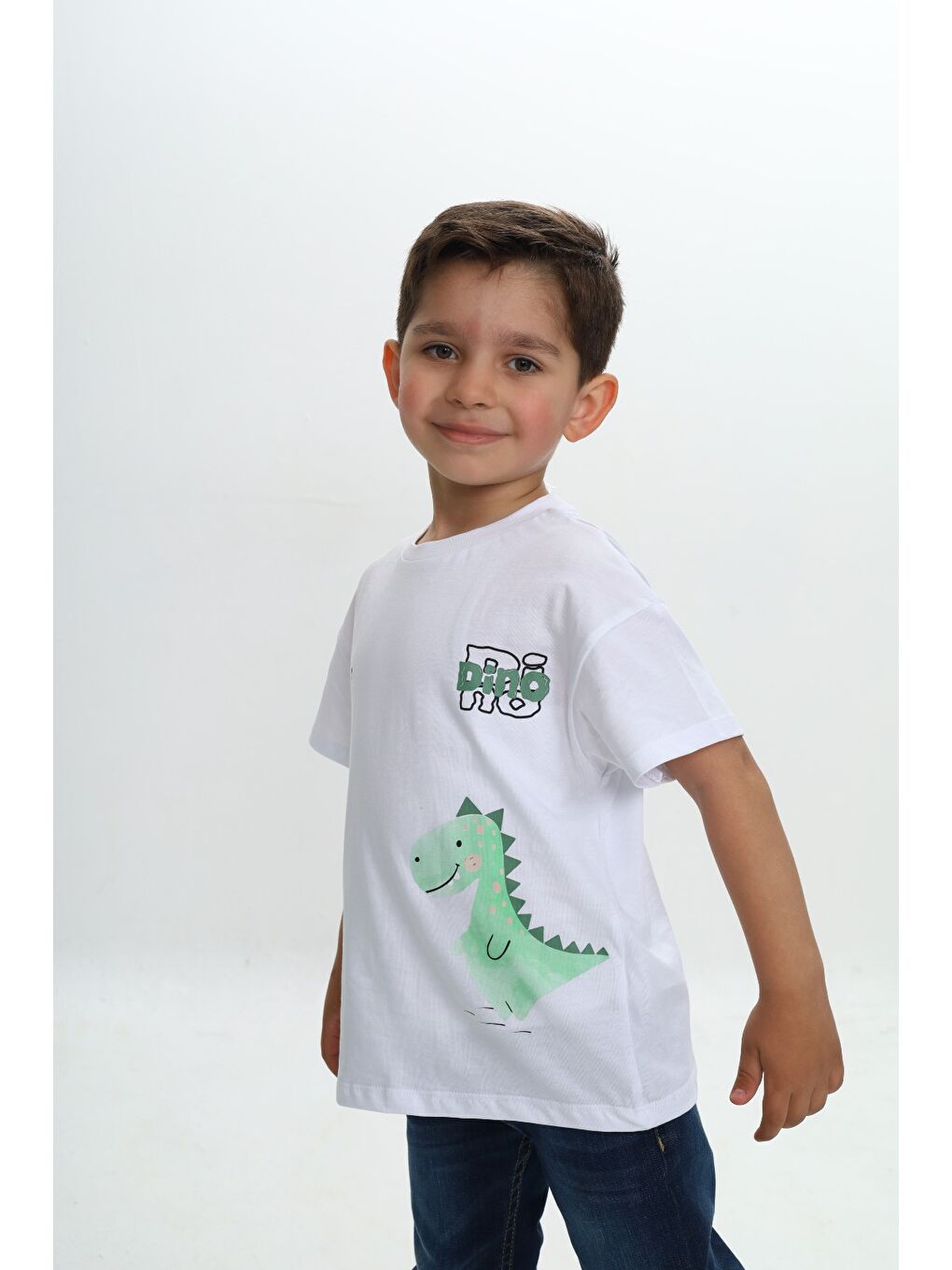 Beyaz Erkek Çocuk Dinozor Yazı Baskılı Tişört-2