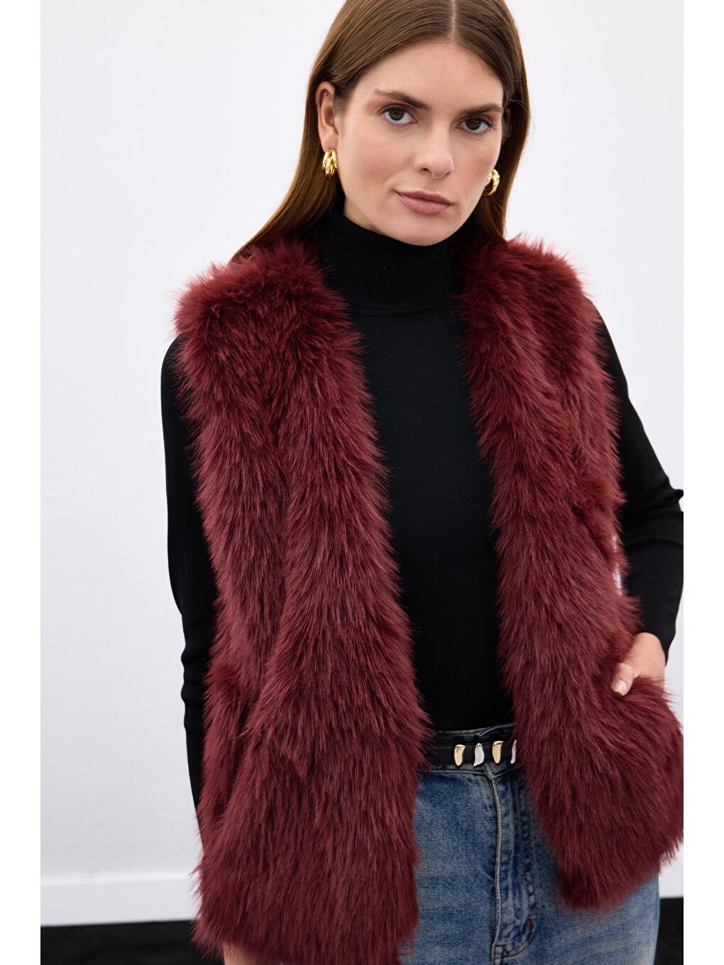 Kolsuz Uzun Yelek - Bordo-5