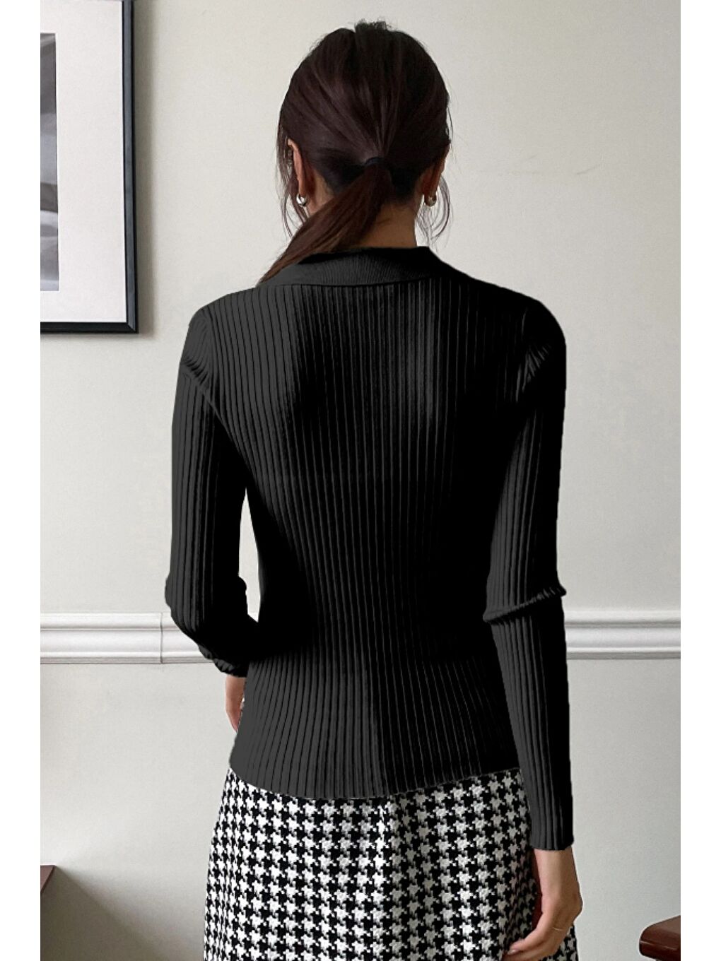 Siyah Kadın Fitilli Polo Yaka Triko Kazak-5