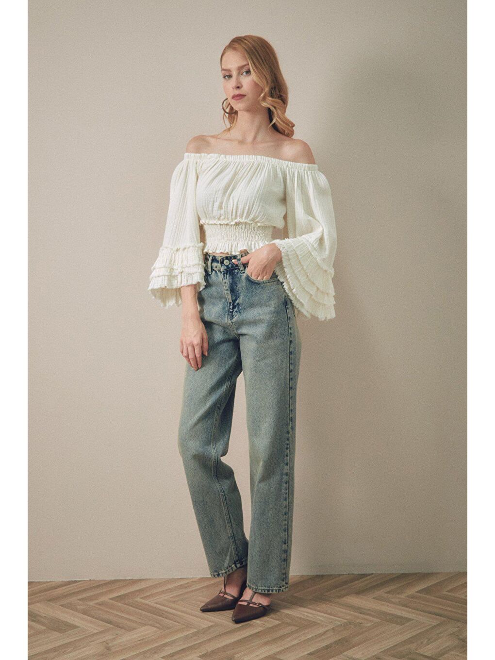 Fullamoda Mavi Eskitme Görünümlü Wide Leg Jean - 1