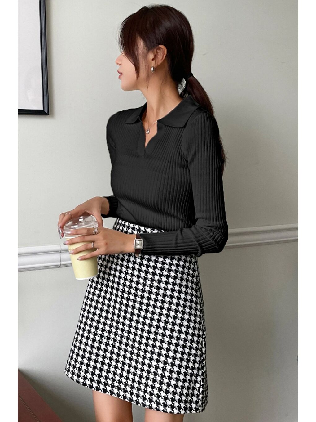 Siyah Kadın Fitilli Polo Yaka Triko Kazak-6