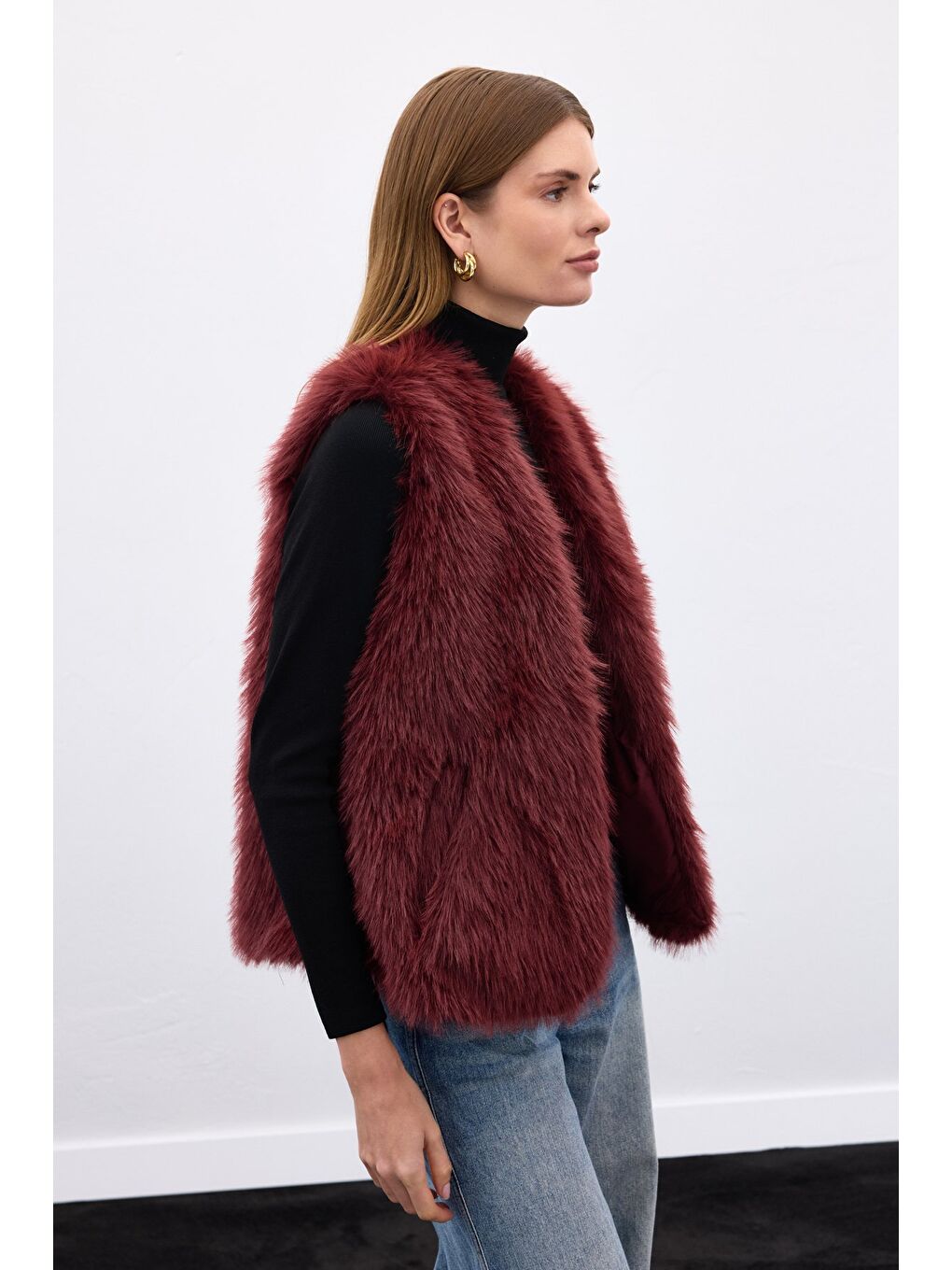 Kolsuz Uzun Yelek - Bordo-6