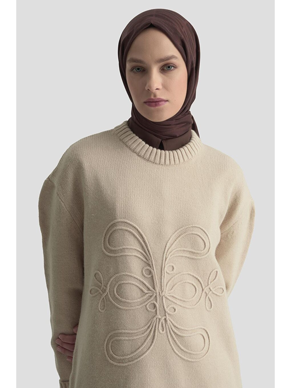 İşleme Detaylı Kazak 25Kd6003 Bej